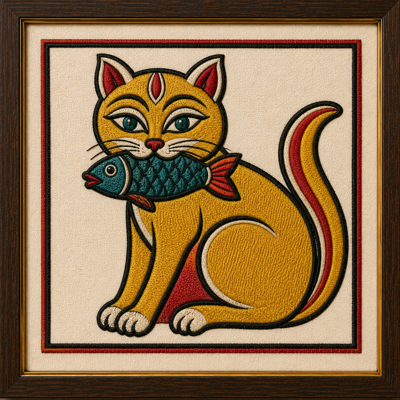 Machine-embroidered Kalighat cat framed panel