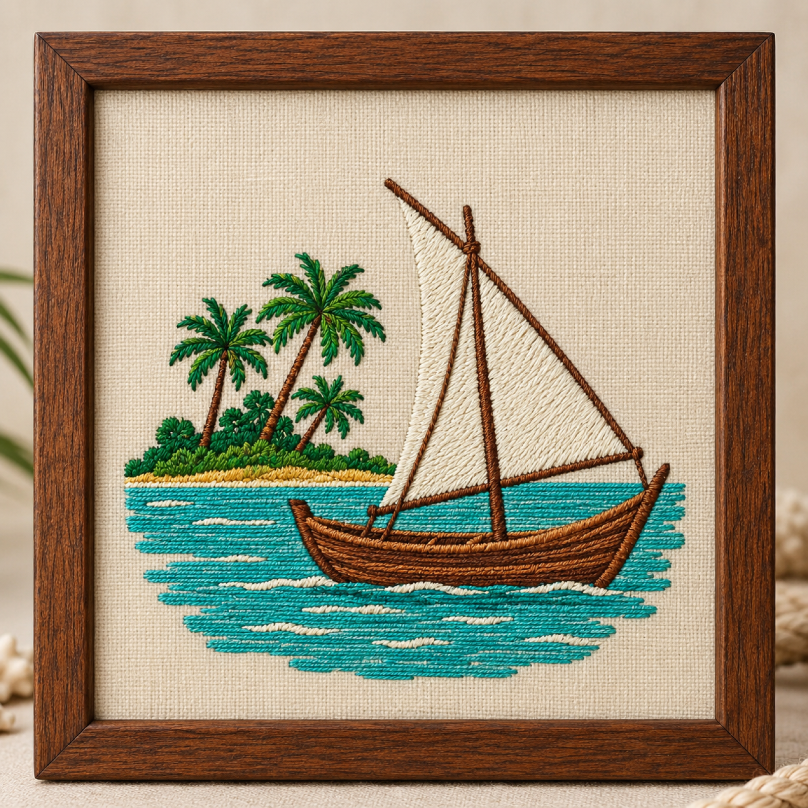 Machine-embroidered traditional sailboat on a lagoon with palm island, framed panel, Lakshadweep