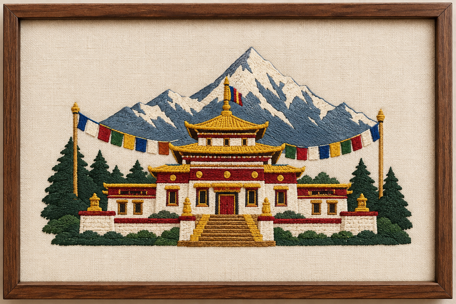 Machine-embroidered Sikkim Buddhist monastery with prayer flags and Kanchenjunga