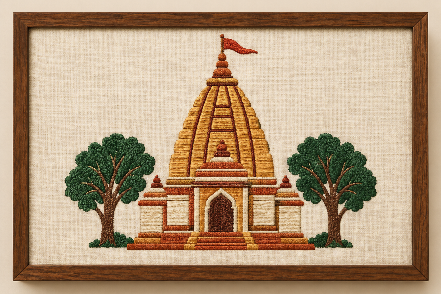 Machine-embroidered Baidyanath Dham temple with sal trees, Jharkhand