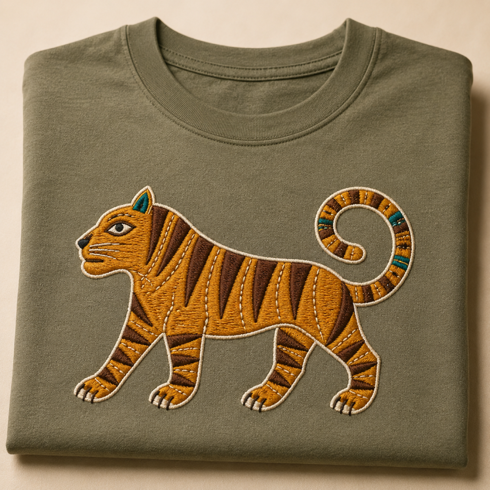 Machine-embroidered Gond tribal-art tiger on a t-shirt