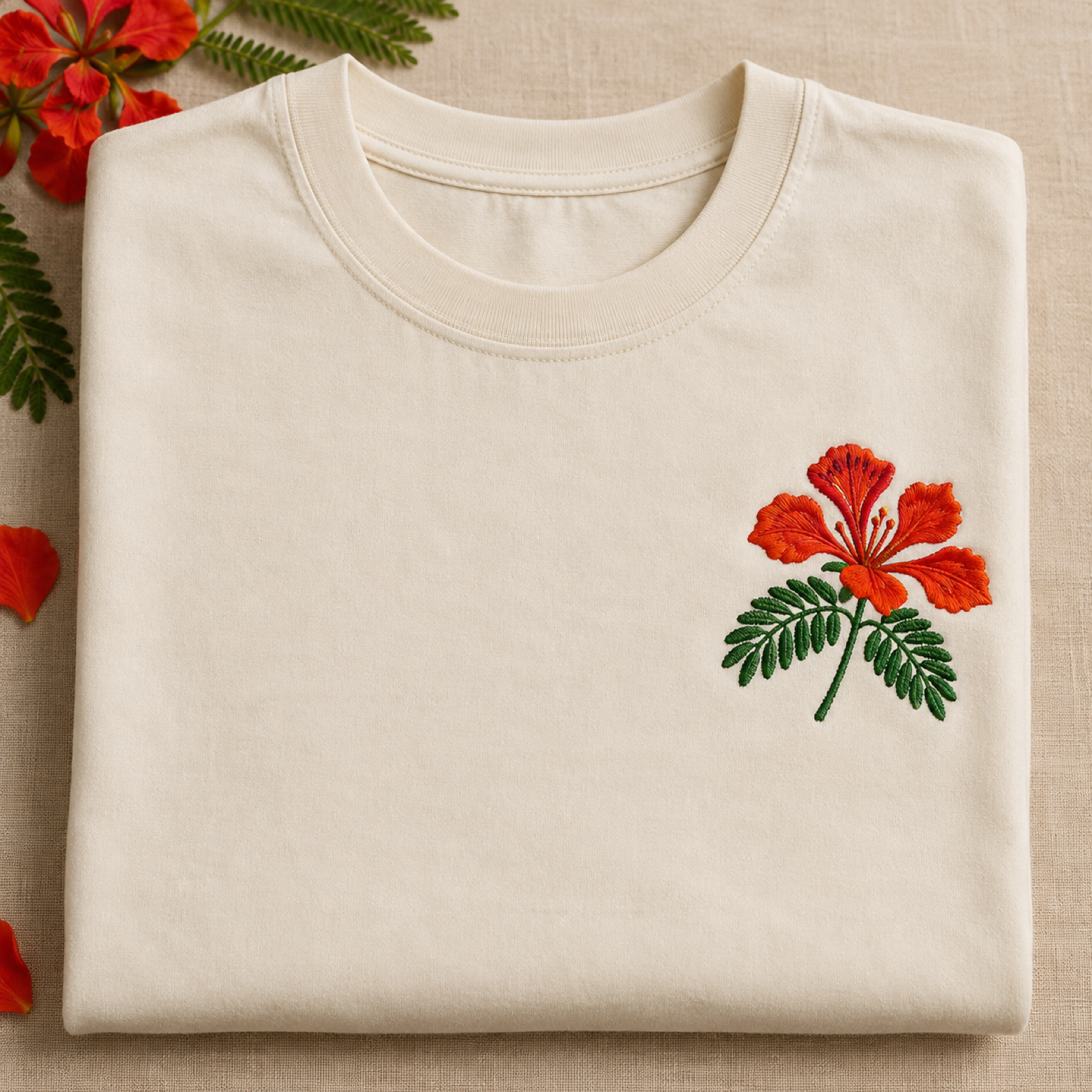 Machine-embroidered Gulmohar flower on a t-shirt, Chandigarh