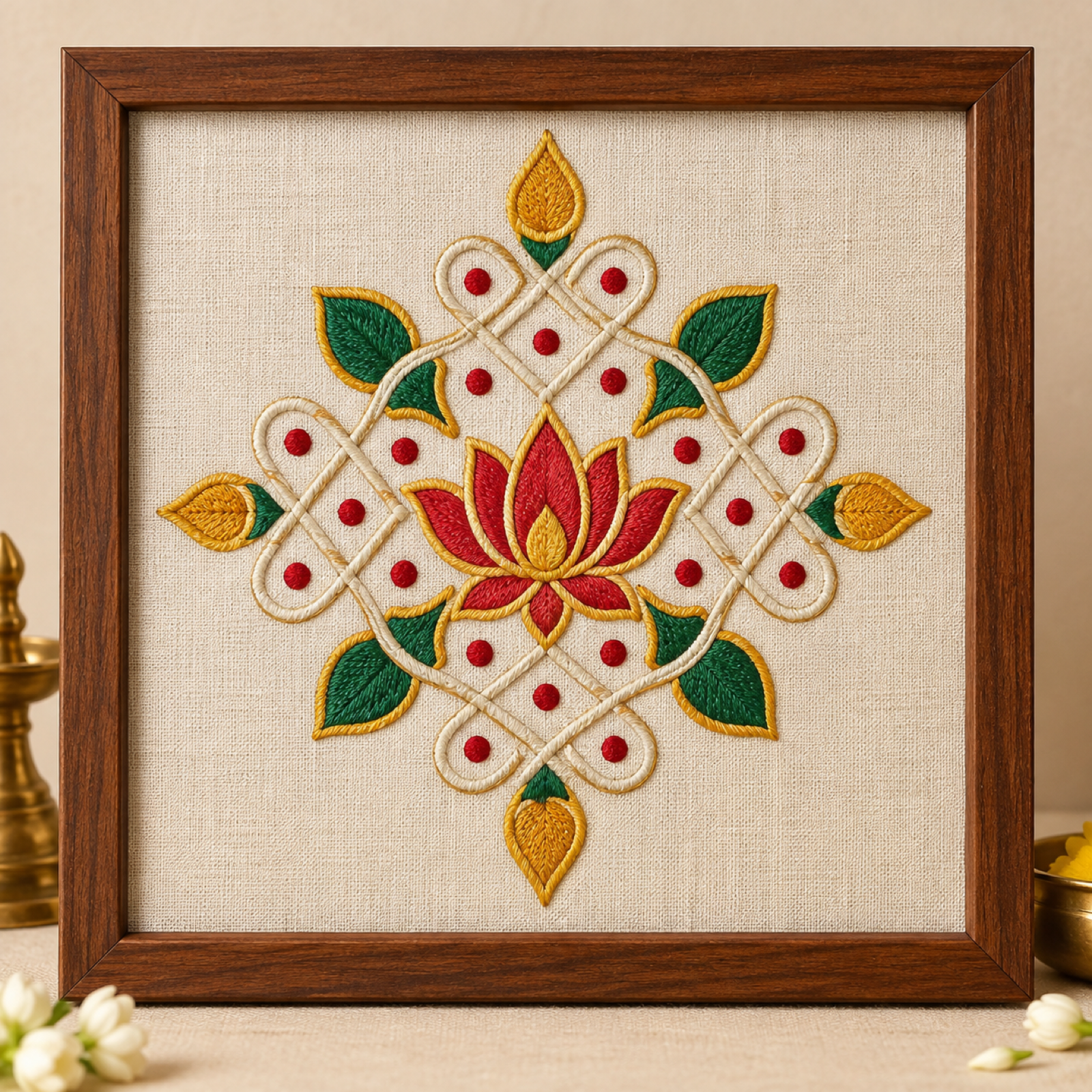 Machine-embroidered South-Indian kolam mandala with lotus, framed panel, Puducherry