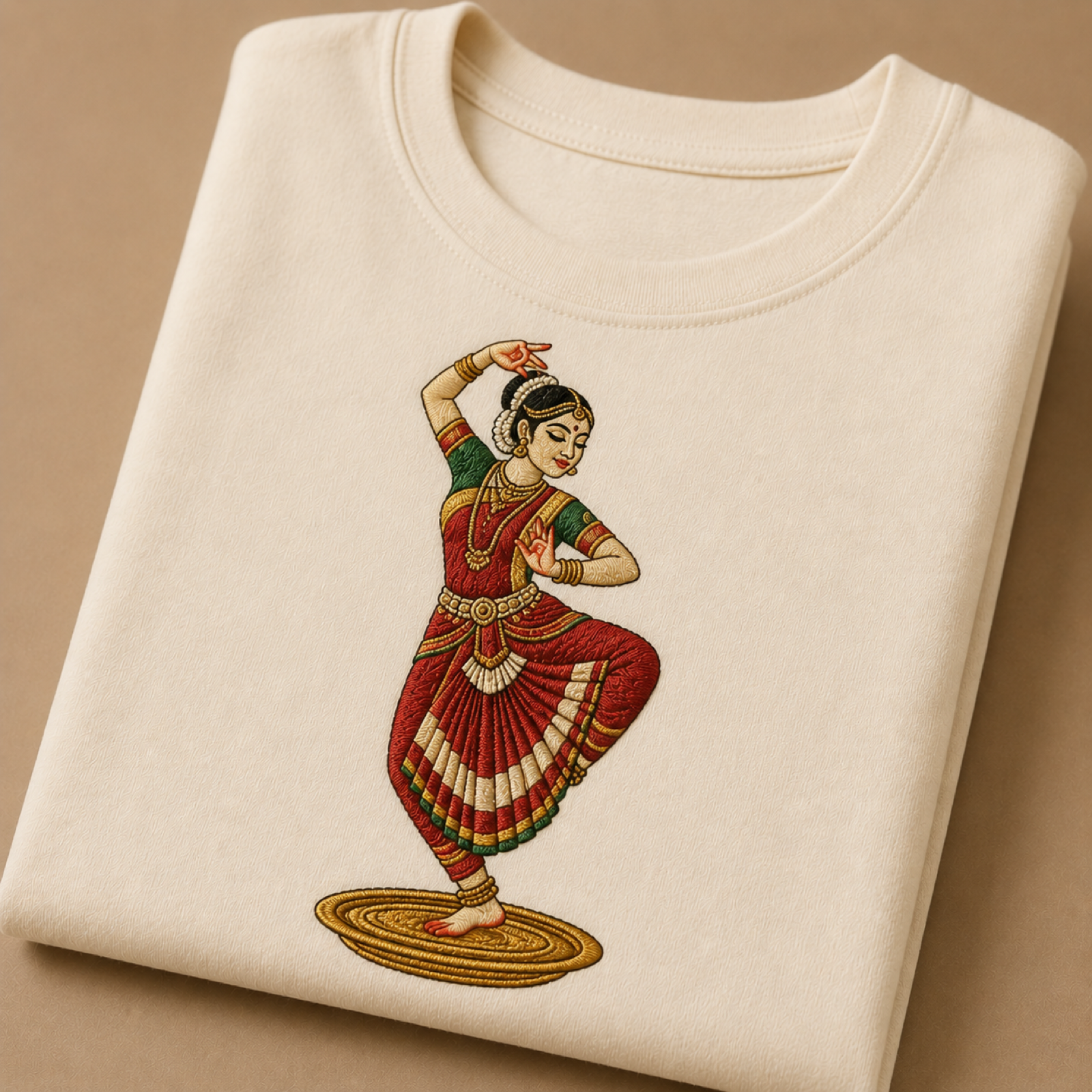Machine-embroidered Kuchipudi dancer on a t-shirt