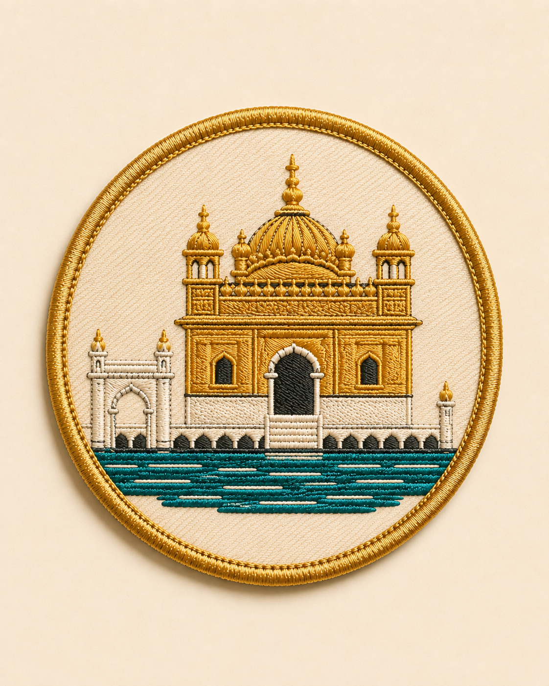 Round embroidered Golden Temple patch with a gold merrow border