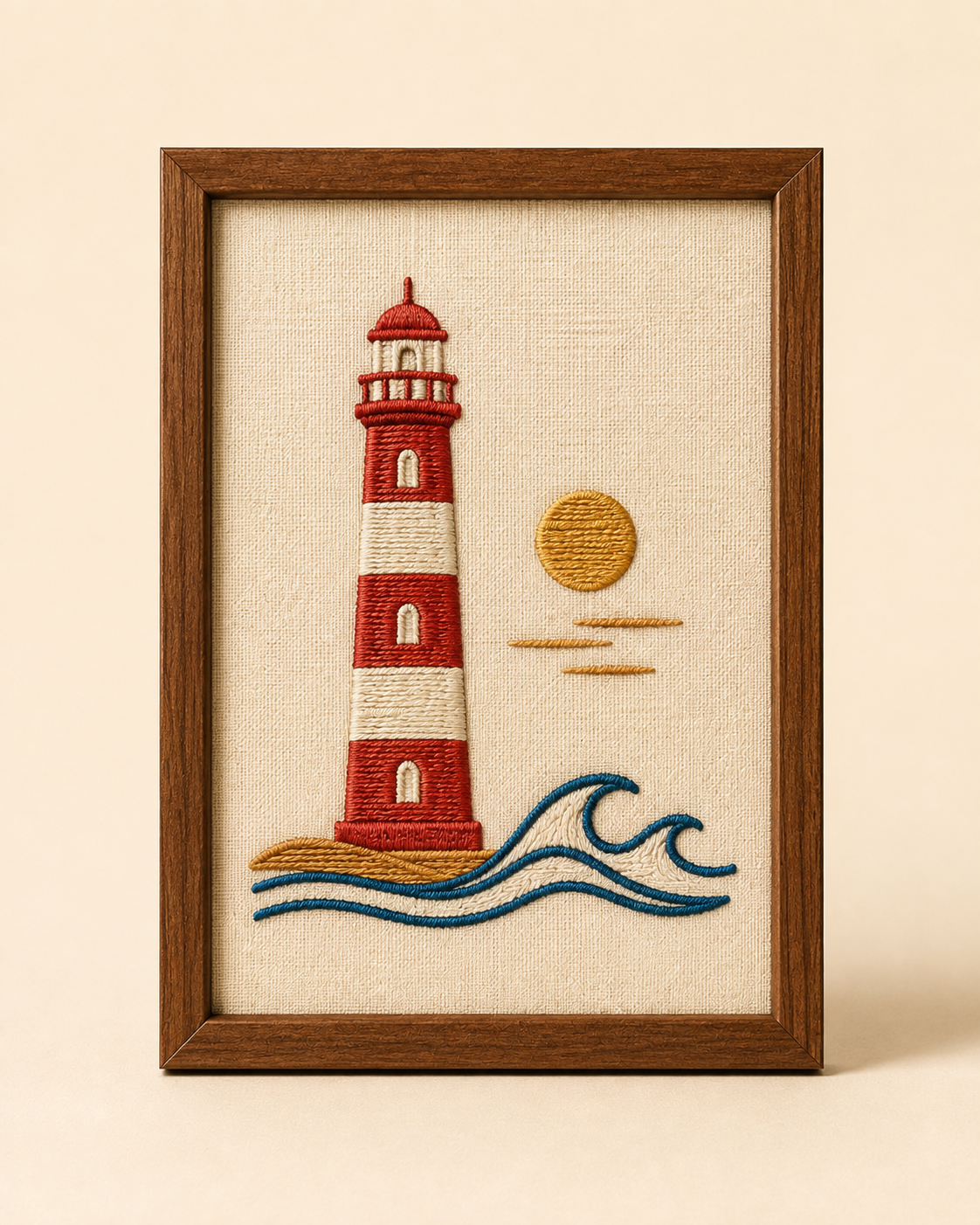 Embroidered Marina Beach lighthouse framed wall art