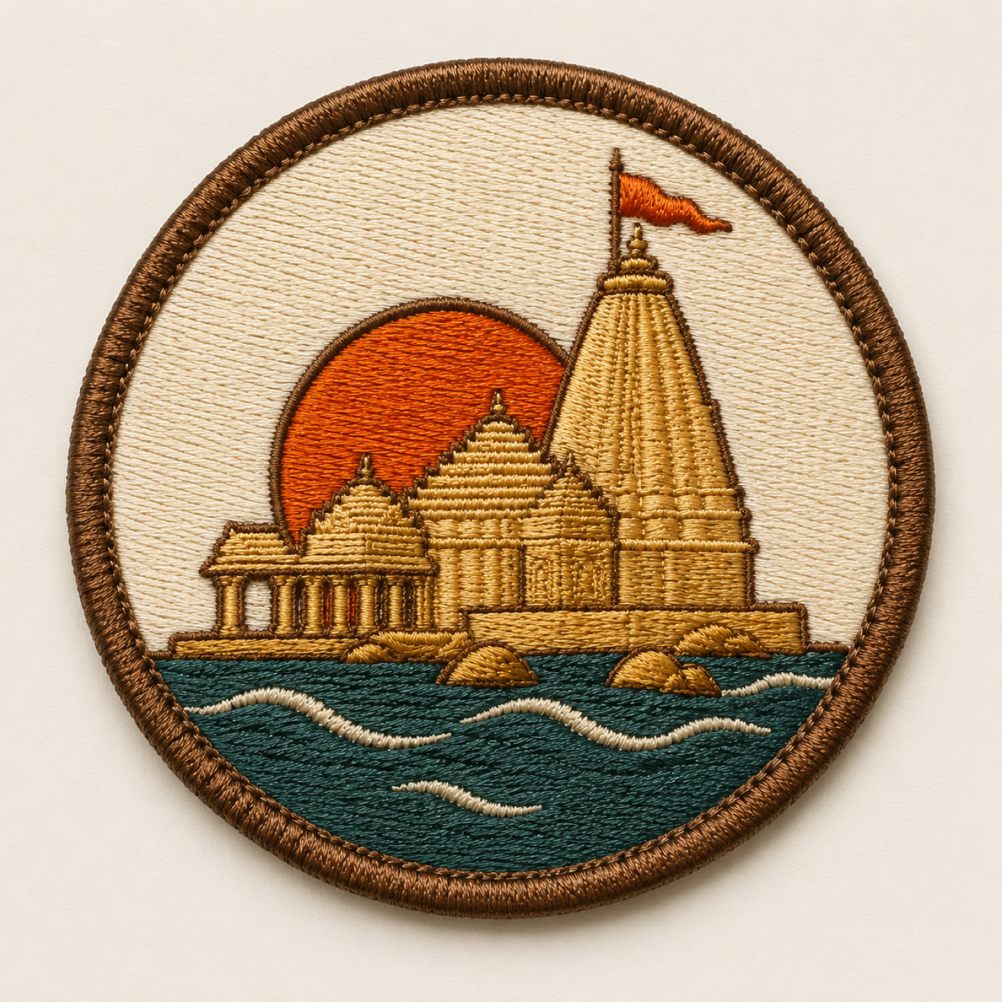Round embroidered Somnath Temple patch with a brown merrow border
