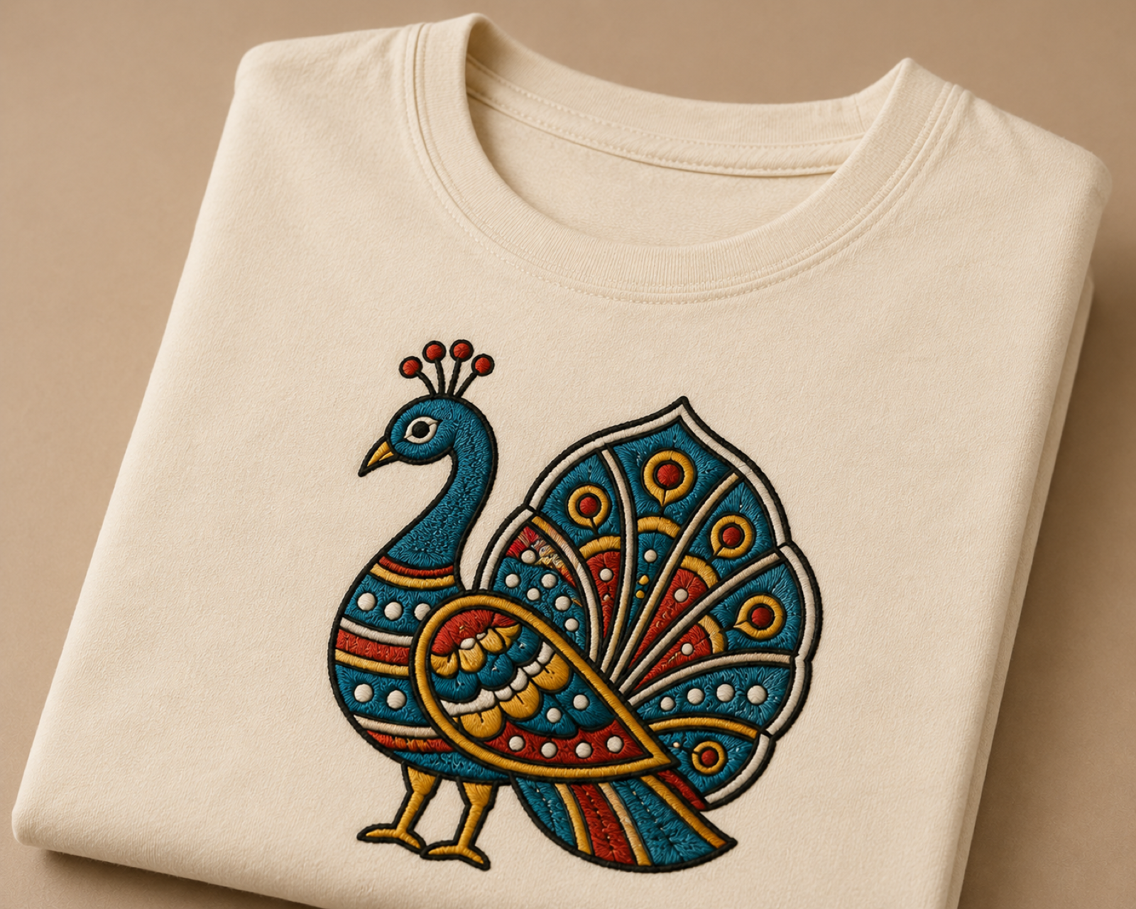 Machine-embroidered Madhubani peacock on a t-shirt