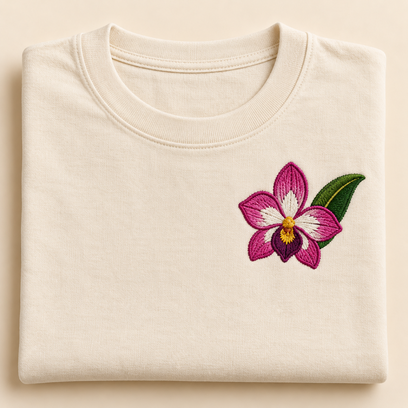 Machine-embroidered Noble Dendrobium orchid on a t-shirt, Sikkim