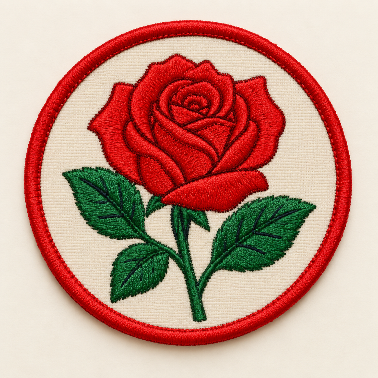 Machine-embroidered red rose round patch, Chandigarh the City Beautiful