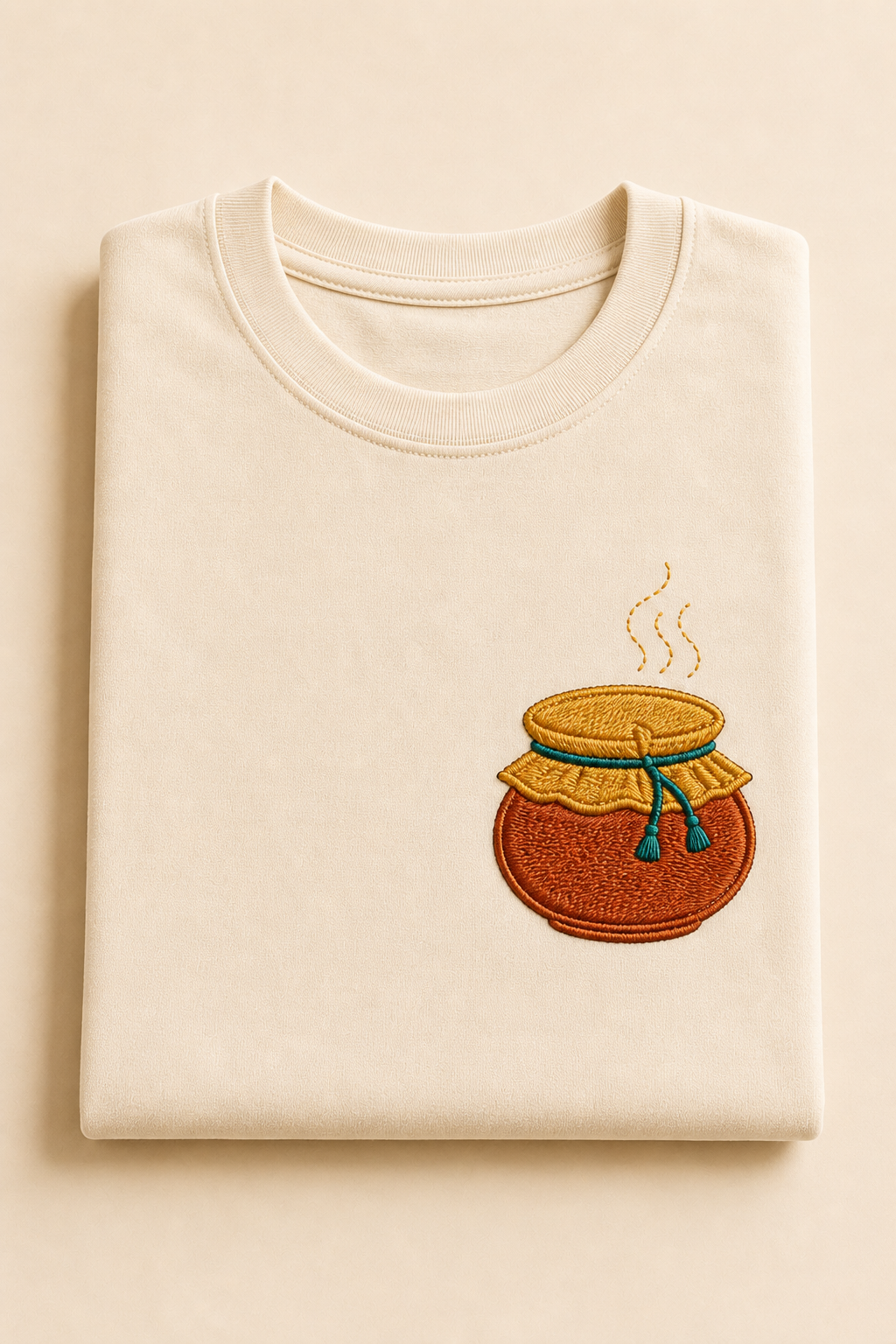 Cream cotton t-shirt with an embroidered Hyderabadi biryani handi chest motif