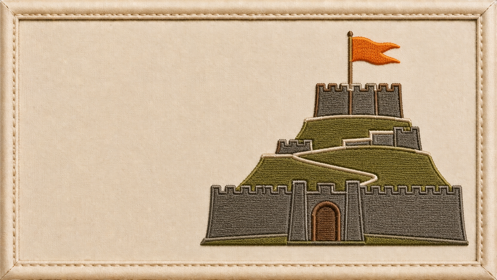 Machine-embroidered Raigad Fort emblem with a saffron flag on cream