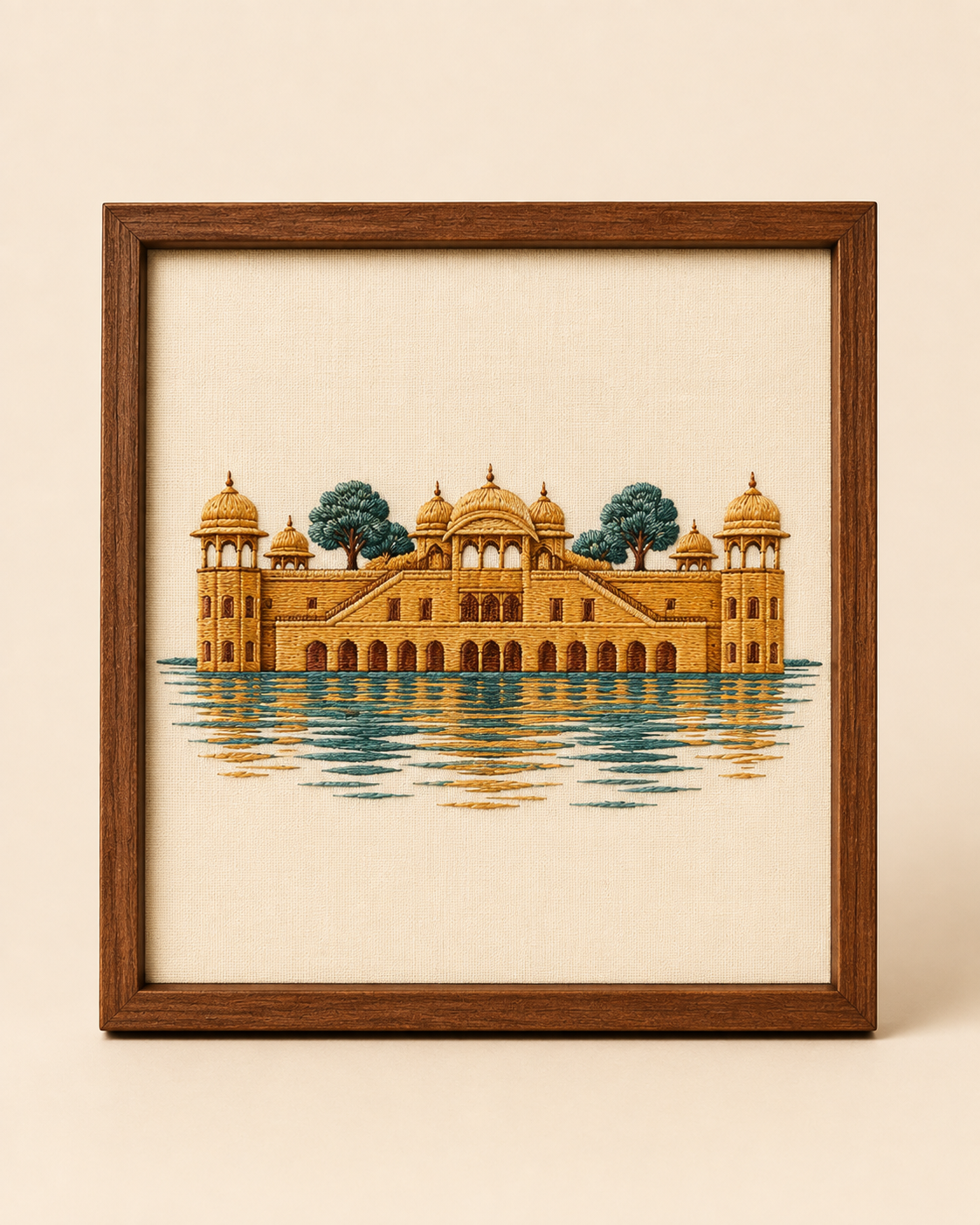 Embroidered Jal Mahal water palace framed wall art