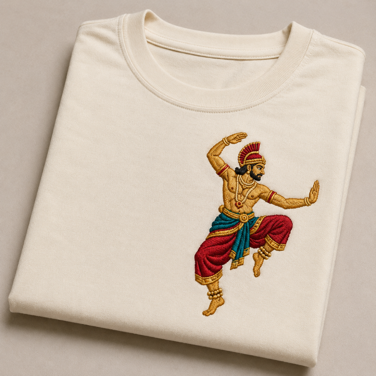 Machine-embroidered Perini dancer on a t-shirt