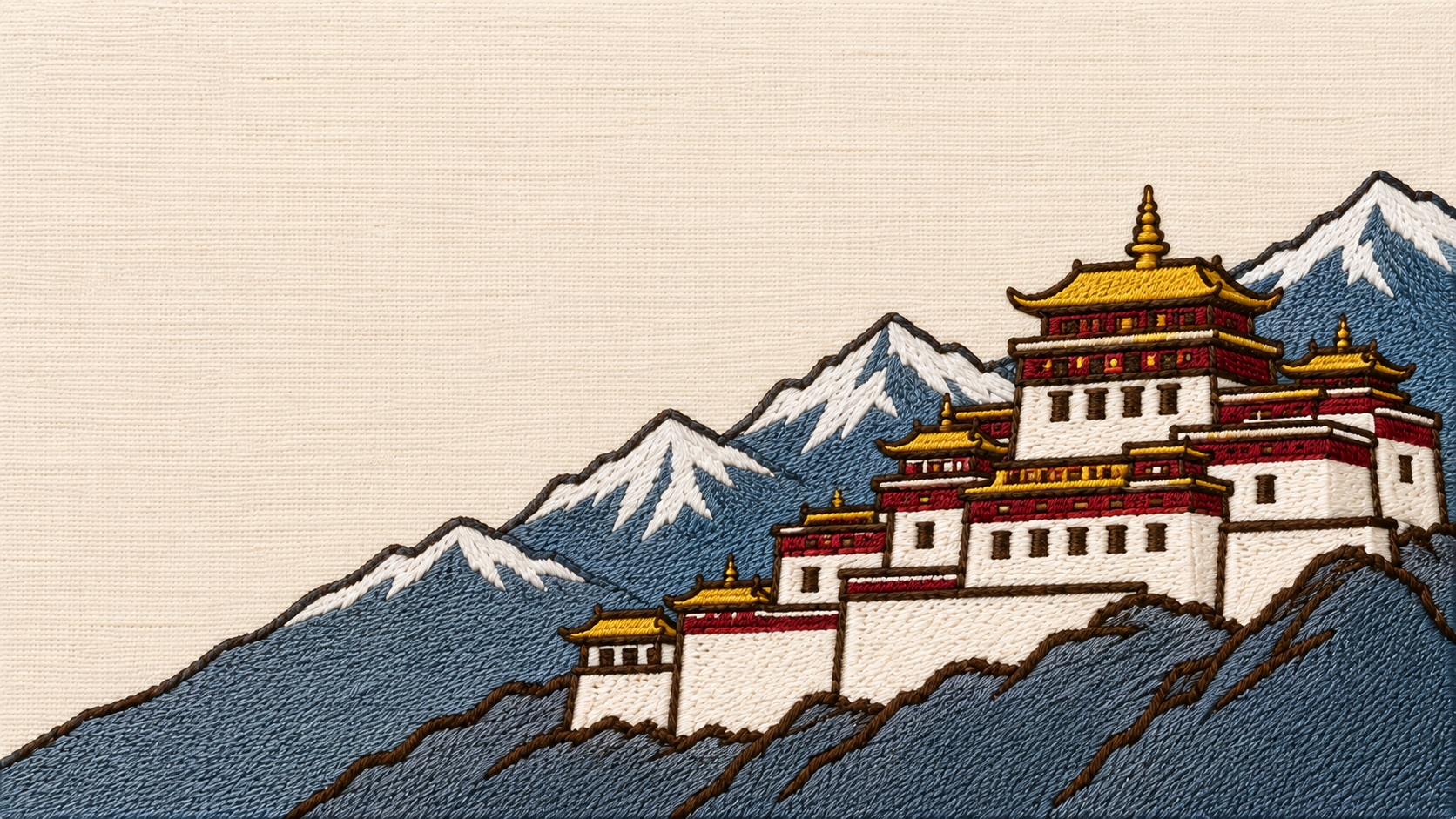 Machine-embroidered Tawang Monastery with Himalayan peaks, Arunachal Pradesh