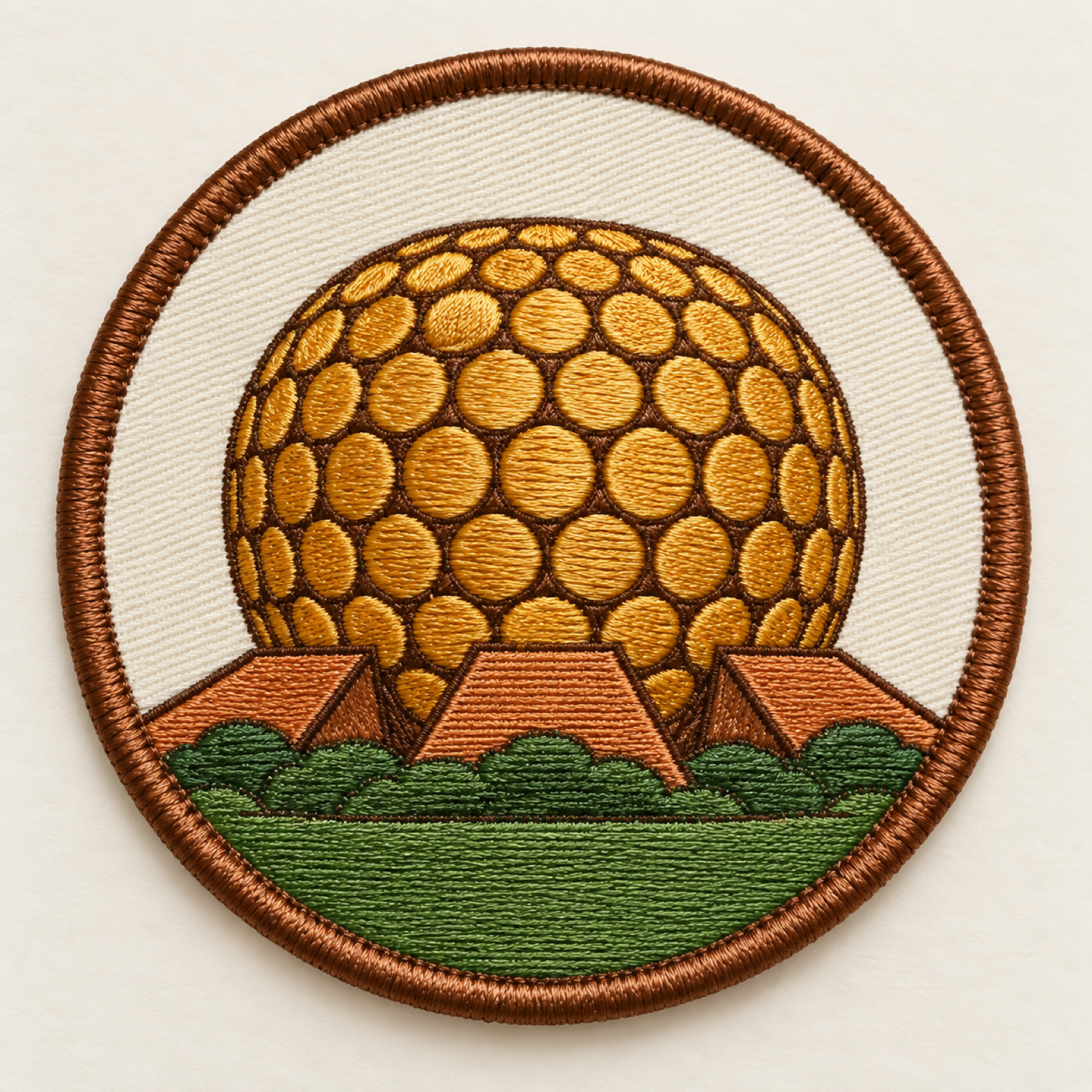 Machine-embroidered golden Matrimandir sphere round patch, Auroville Puducherry