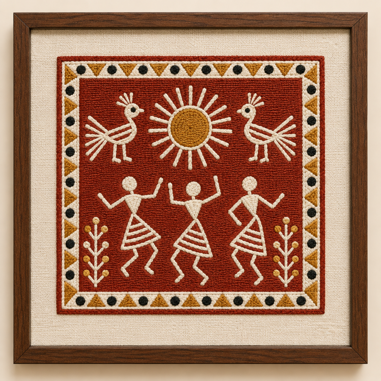 Machine-embroidered Godna tribal folk-art motif, framed panel