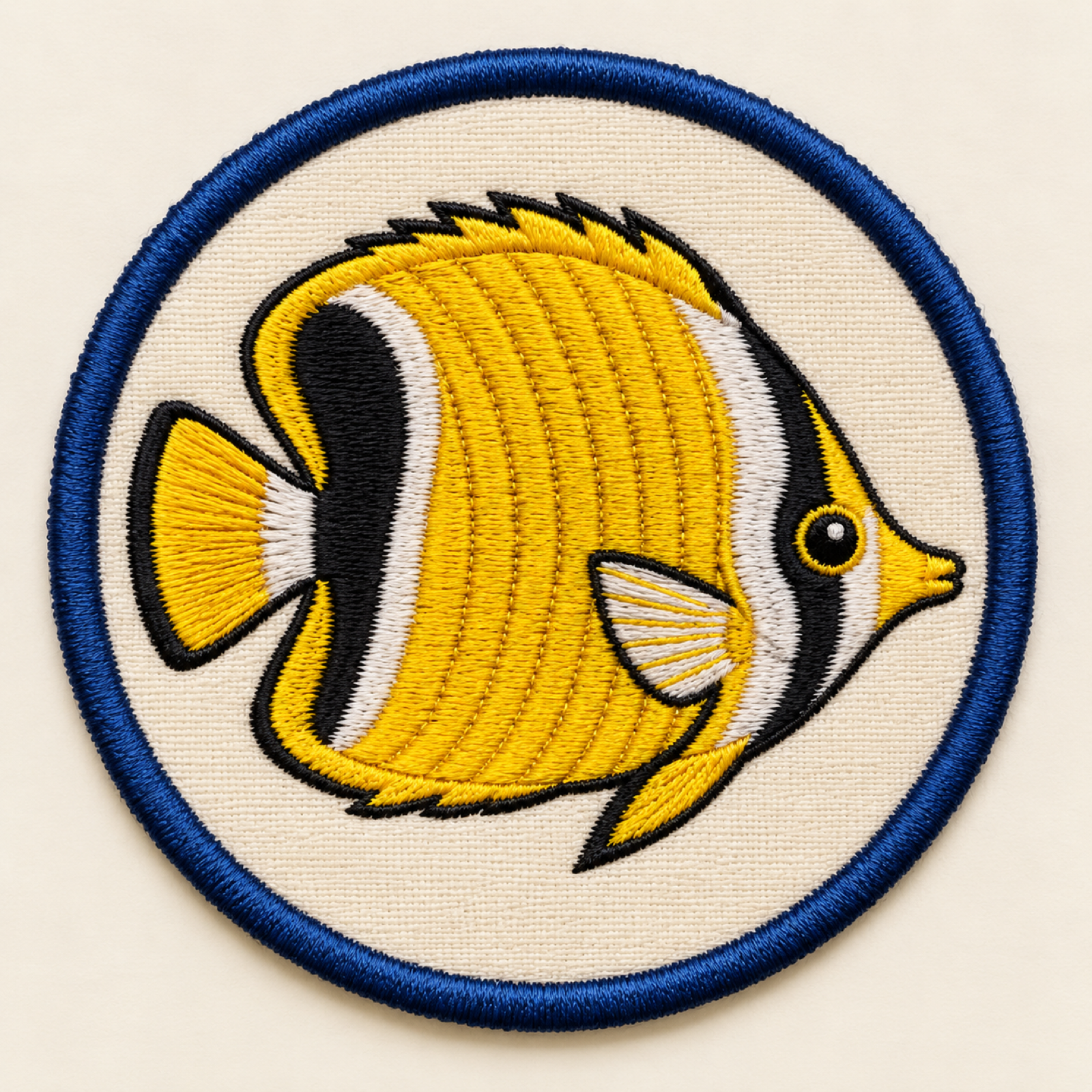 Machine-embroidered tropical reef butterflyfish round patch, Lakshadweep