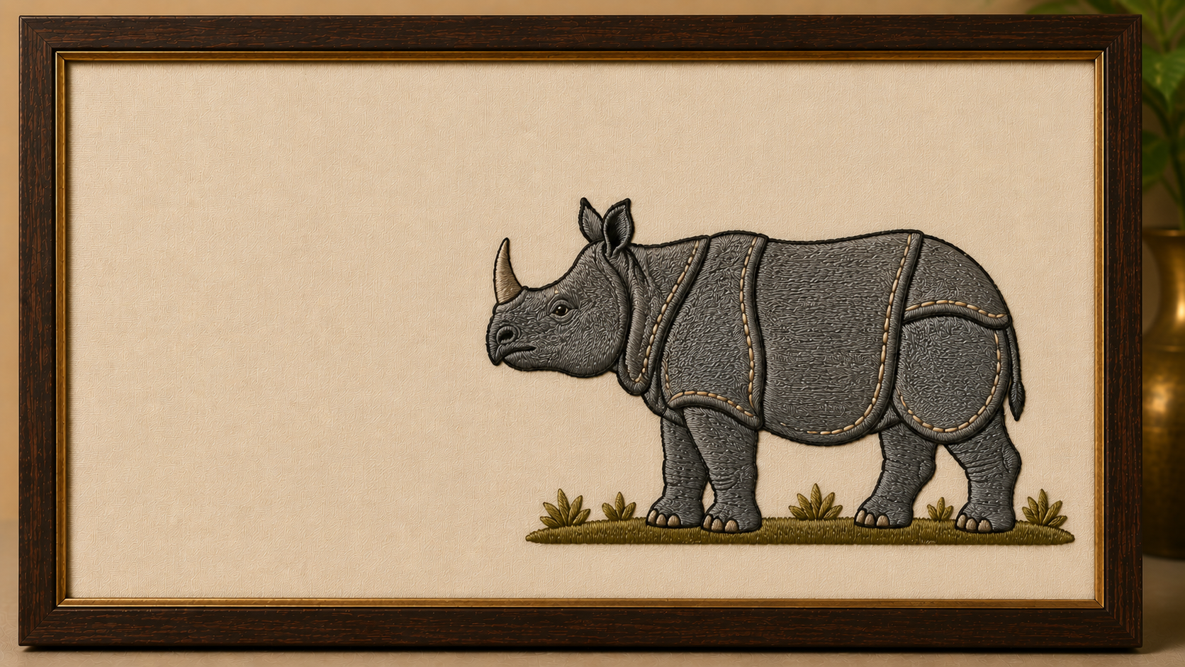 Machine-embroidered one-horned rhinoceros of Kaziranga, Assam