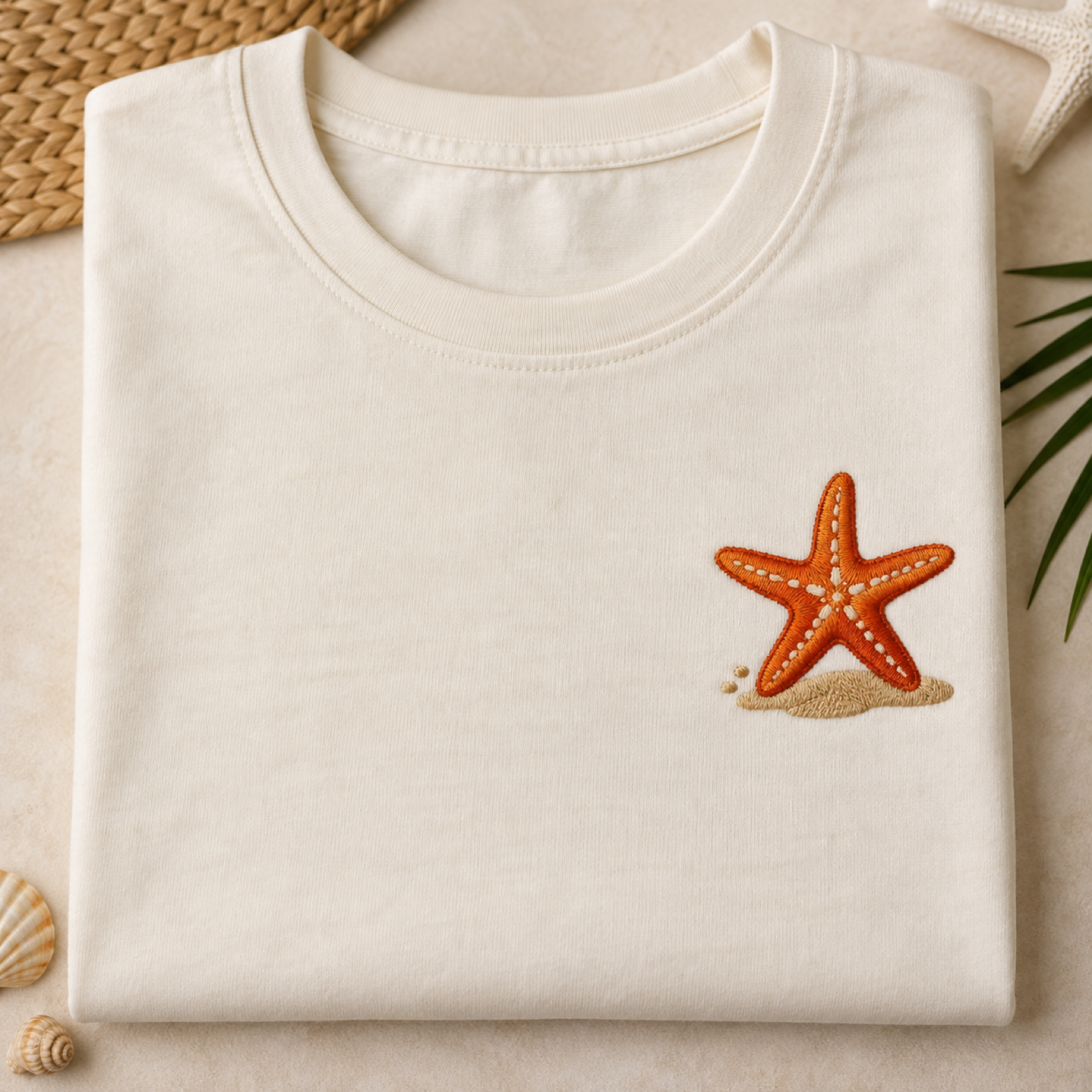 Machine-embroidered orange starfish on a t-shirt, Lakshadweep
