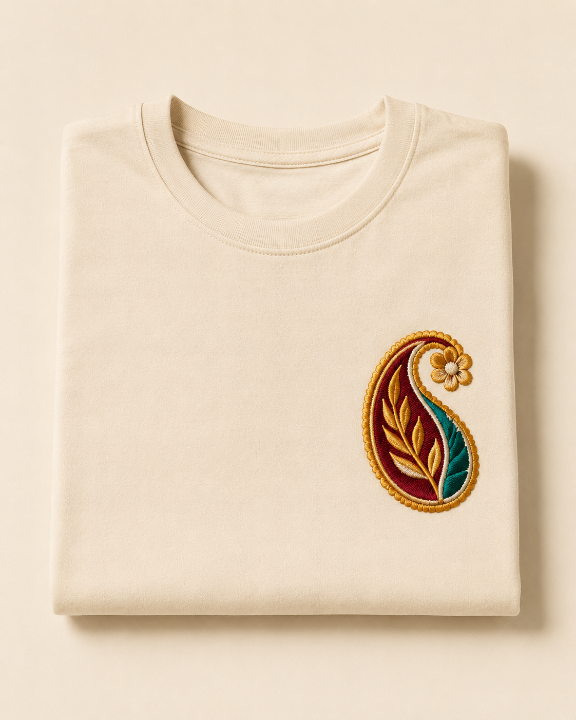 Cream cotton t-shirt with an embroidered Banarasi paisley chest motif