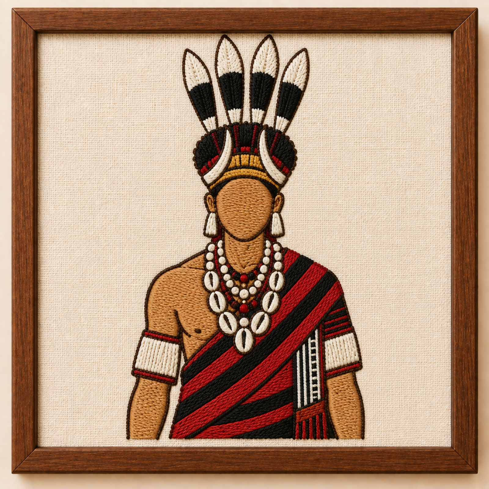 Machine-embroidered Naga tribal dancer in hornbill-feather headdress and cowrie shawl, framed panel