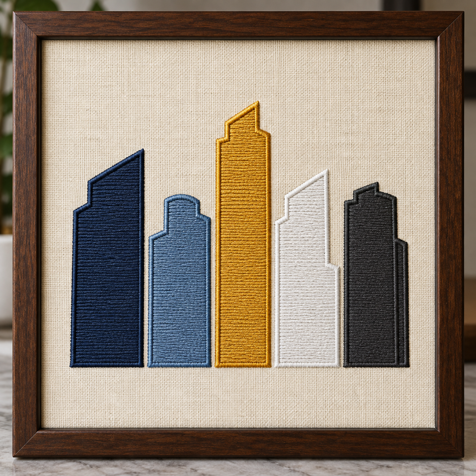 Cyber City skyline embroidered on cream linen, Gurugram