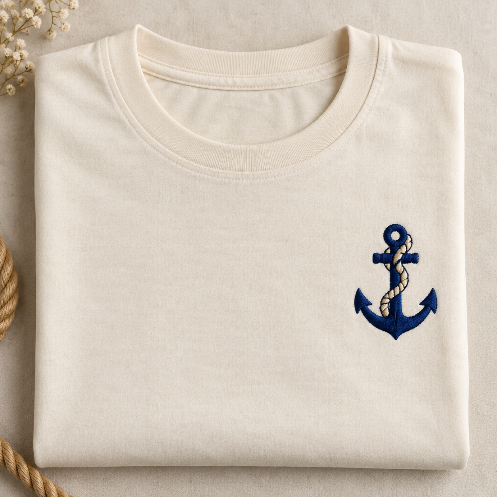 Machine-embroidered navy ships anchor on a t-shirt, Puducherry