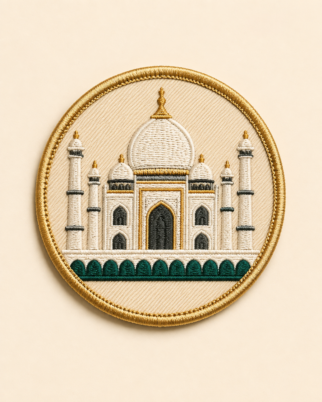Round embroidered Taj Mahal patch with a gold merrow border