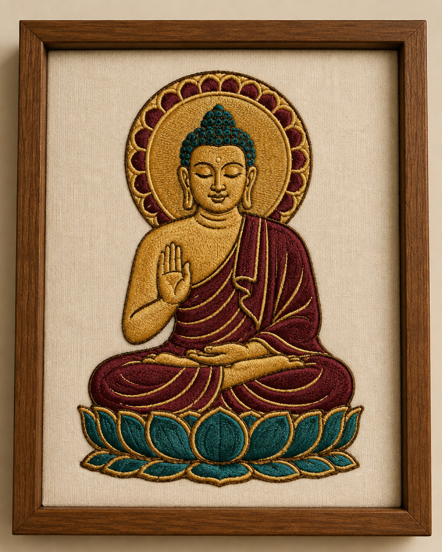 Framed embroidered Ajanta-style seated Buddha in maroon and gold