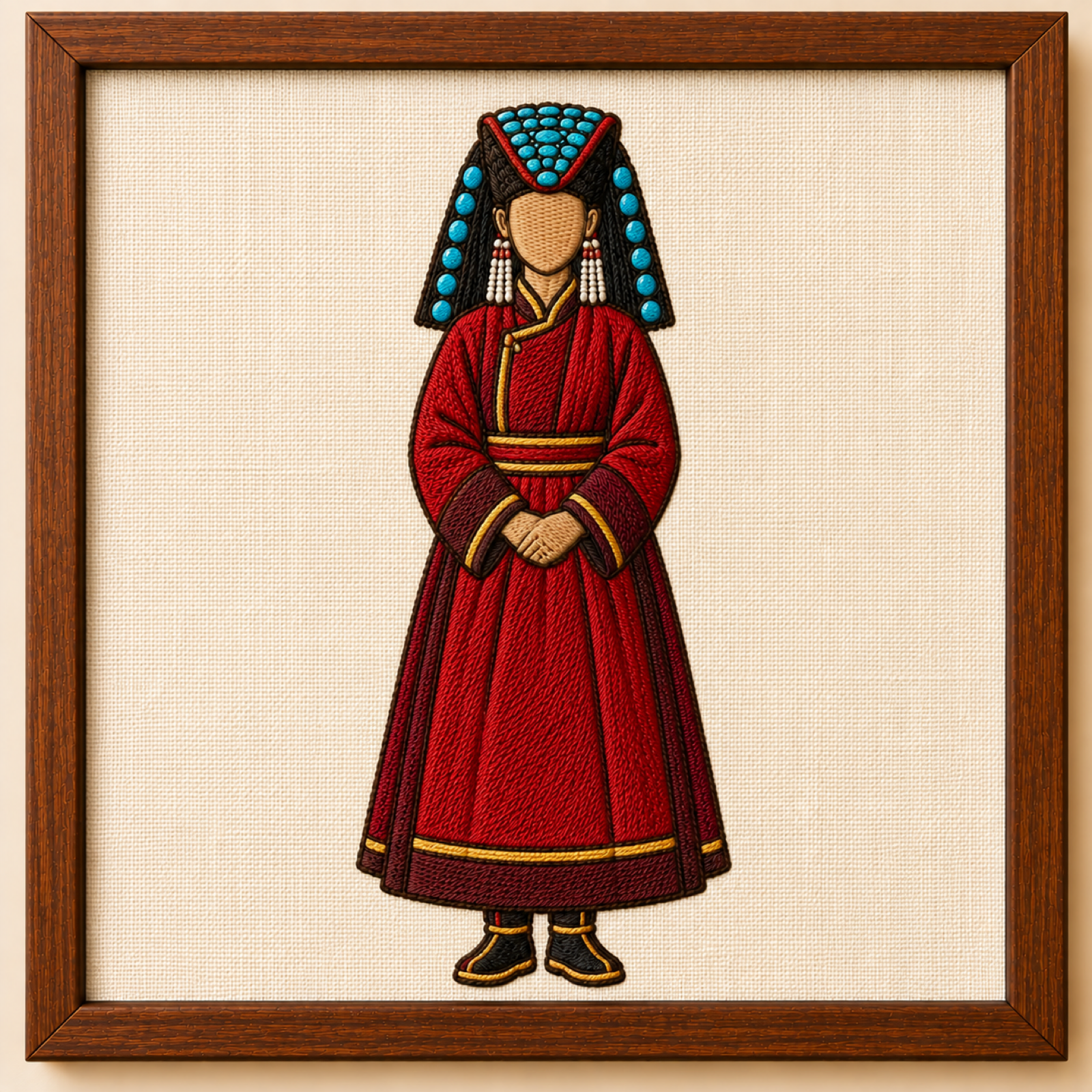 Machine-embroidered Ladakhi woman in turquoise Perak headdress and Goncha robe, framed panel