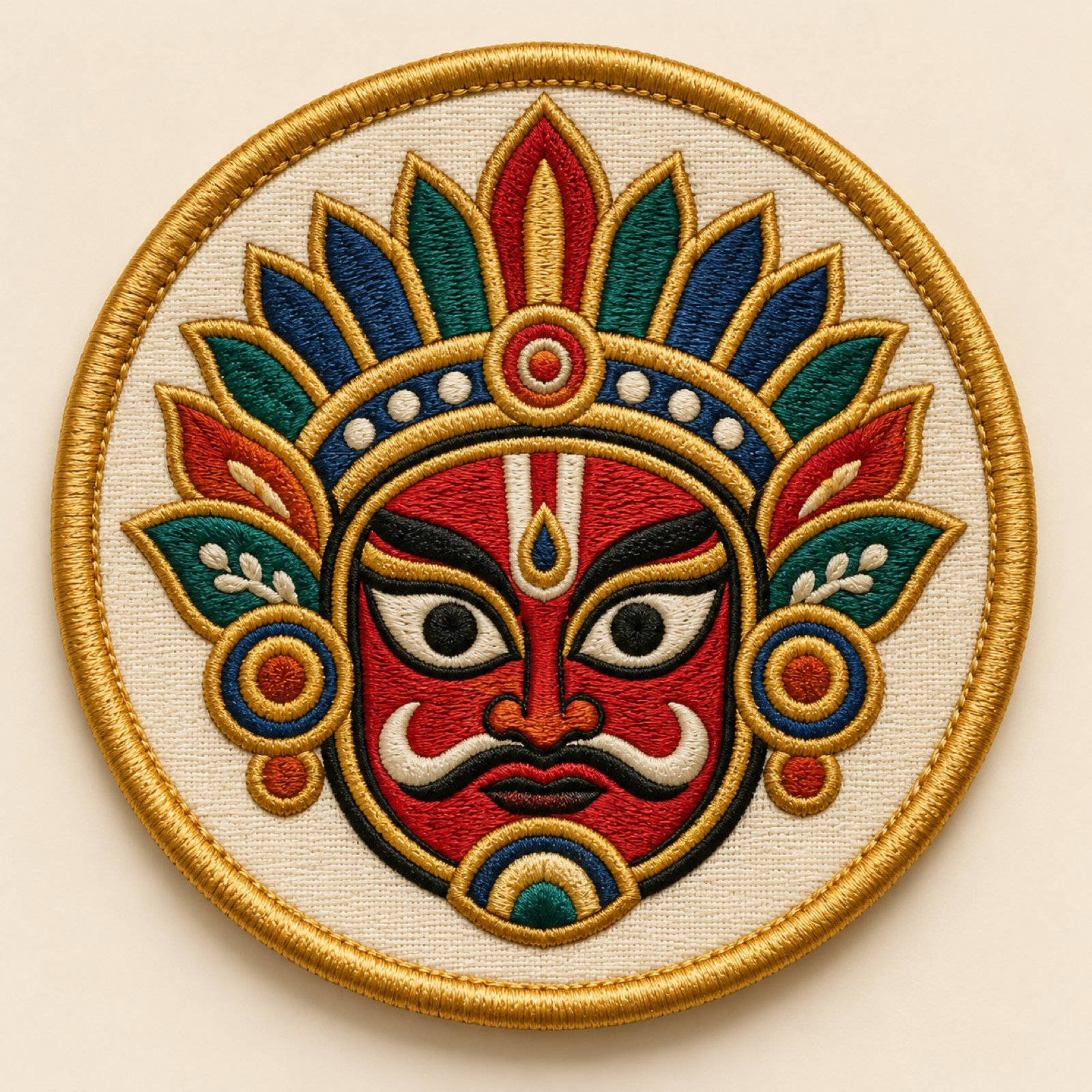 Machine-embroidered Chhau tribal dance mask round patch, Jharkhand