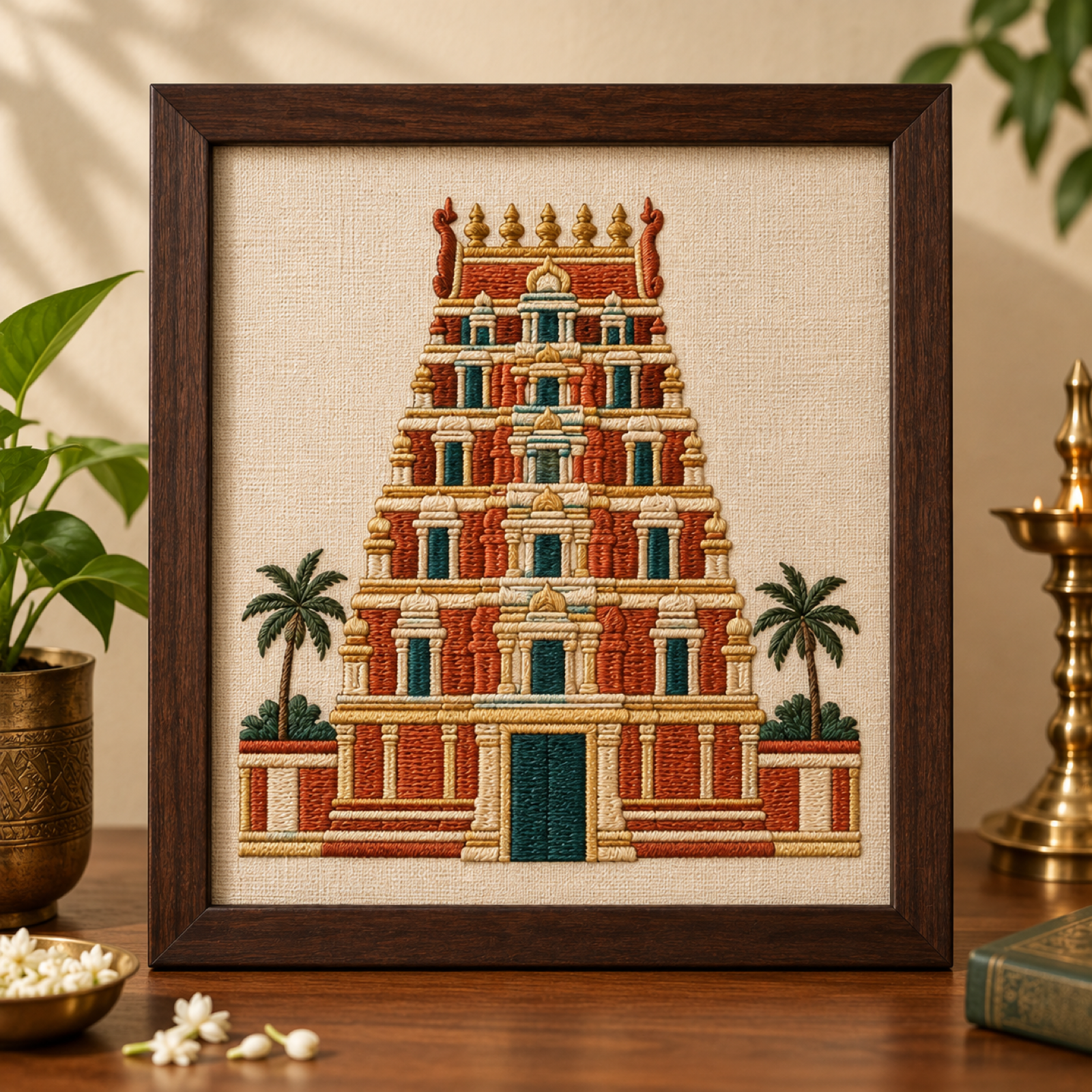 Machine-embroidered South Indian temple gopuram, framed art — Chennai
